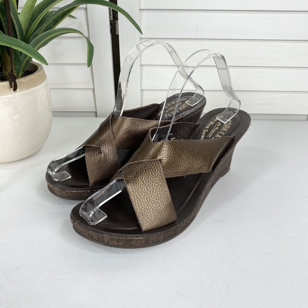 Kork‎ Ease Geena Crisscross Sandal Bronze Leather Cork Wedge Heel Shoes Size 9